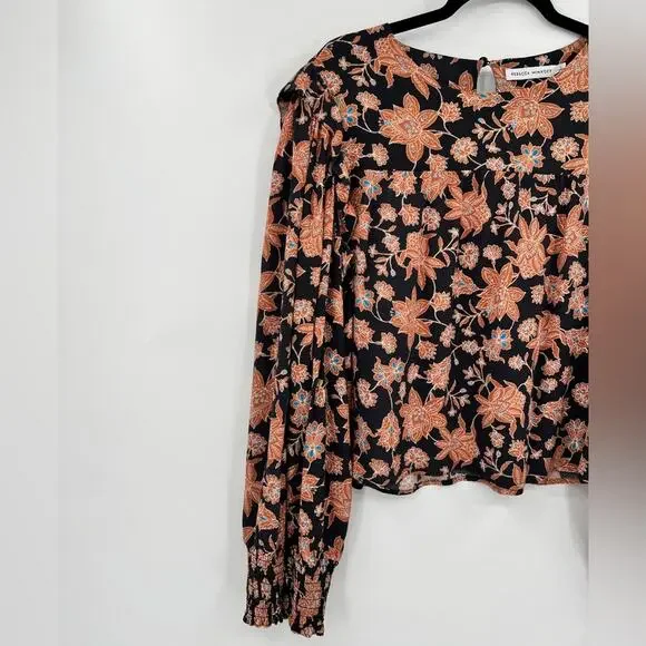 Rebecca Minkoff Floral Blouse Top Ruffle Shoulder Smocked Sleeve Flower Large - Picture 7 of 12